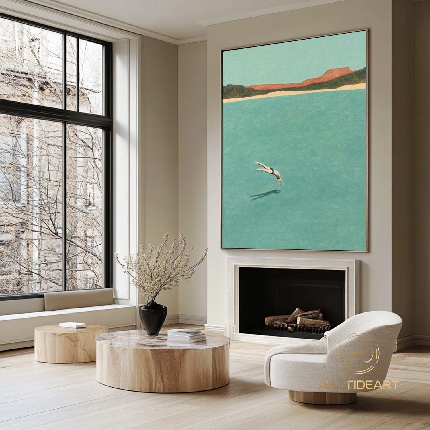 A man diving into the sea green ocean painting vintage retro painting green minimalist painting landscape painting holiday style wall art