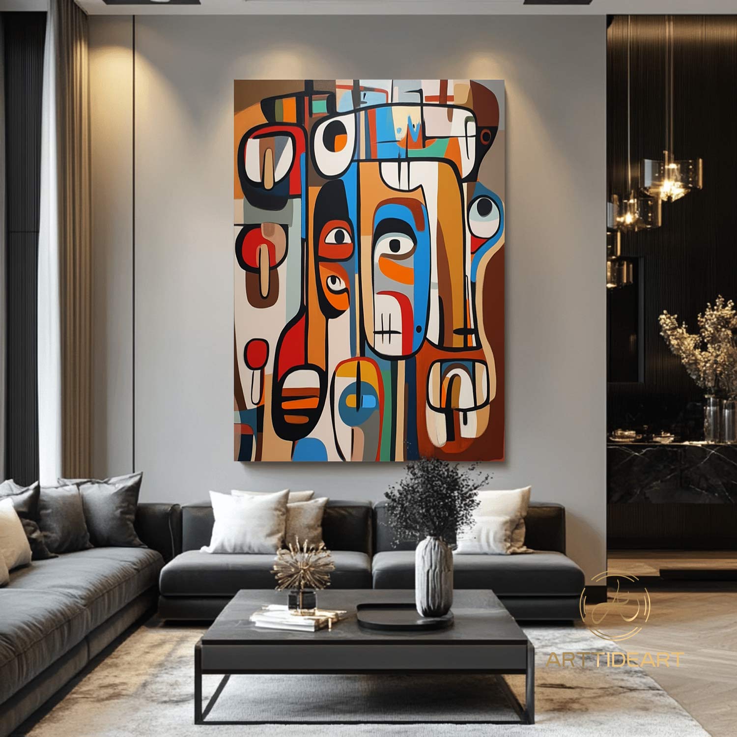 Original Abstract Colorful Cubist Faces Paintings On Canvas Picasso-Inspired Geometric Art Vibrant Modernism Oil Painting Home Wall Decor