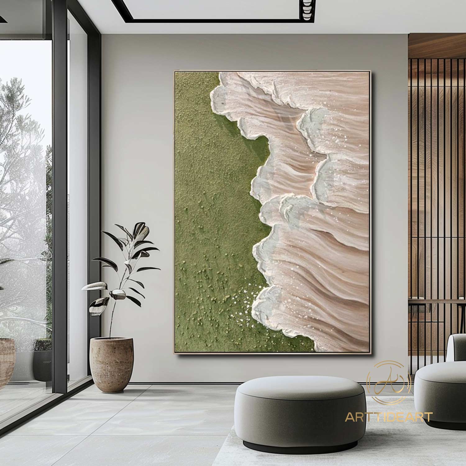 Modern Abstract Wave Paintings Textured Beige Canvas Art Green Beach Wall Art Ocean Wave Art Coastal Seascape Paintings Contemporary Art