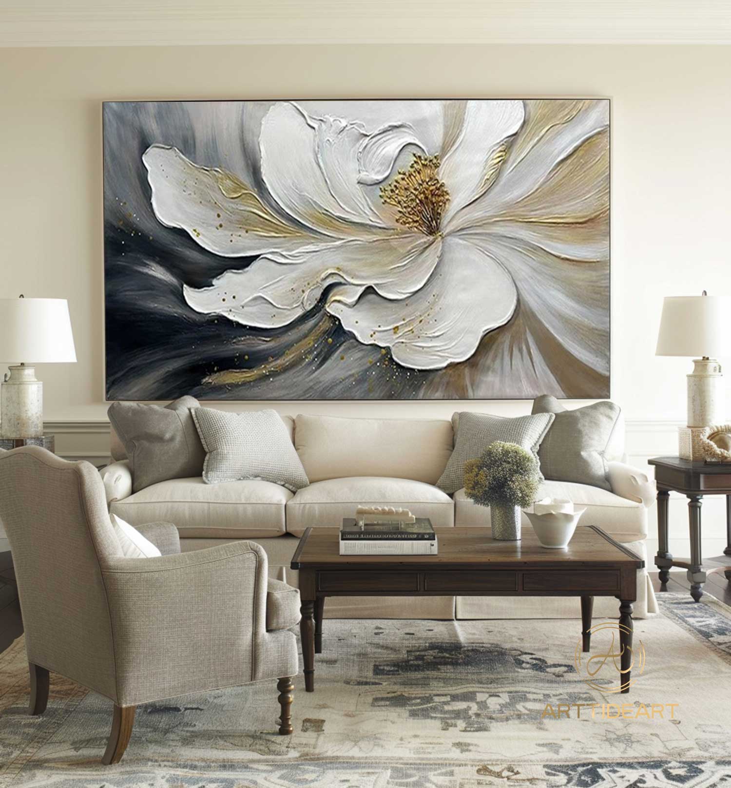 Large Abstract White Flower Oil Painting On Canvas,3D Flower Painting,Abstract Textured Floral,Palette Knife Modern Living Room Home Decor