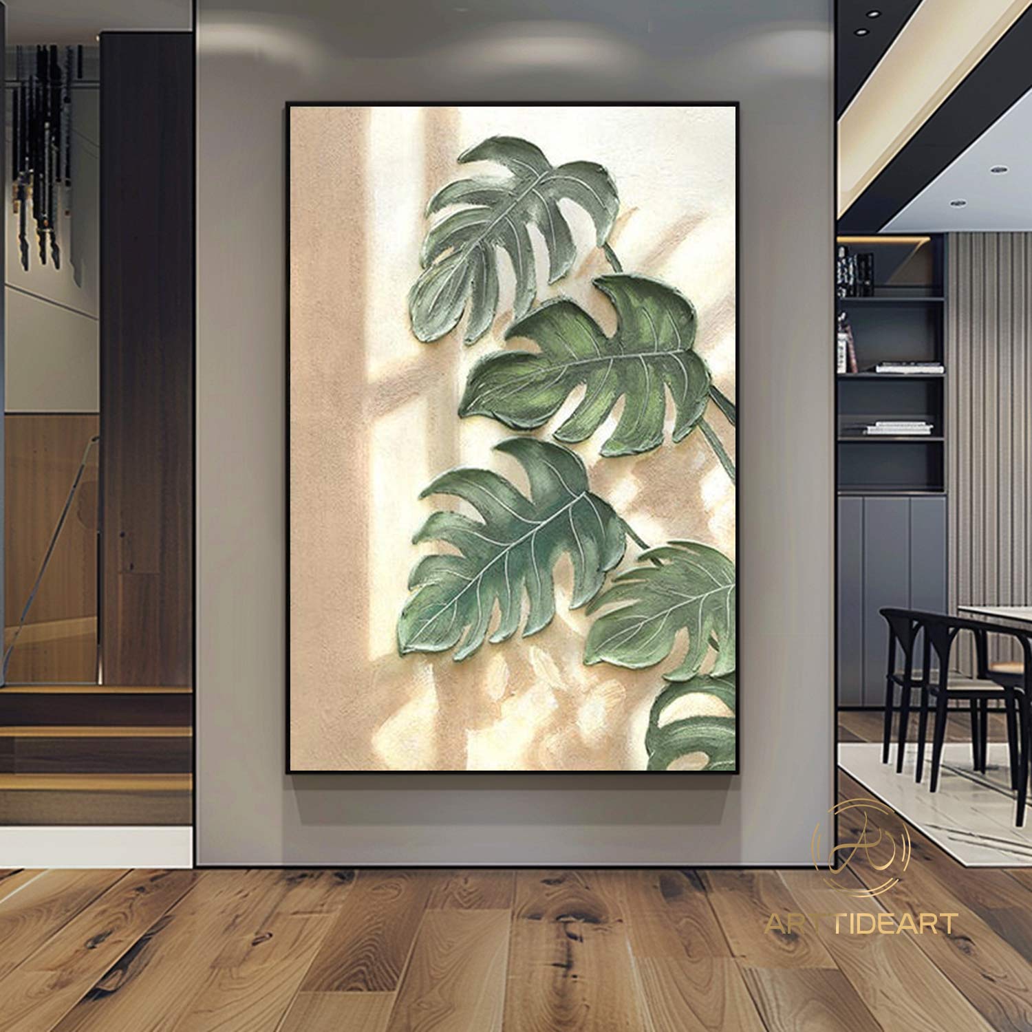 Organic-Style Tree Leaf Painting 3D Textured Art Banana Leaf Botanical Wall Art Abstract Painting Beige Green Original Plants Painting