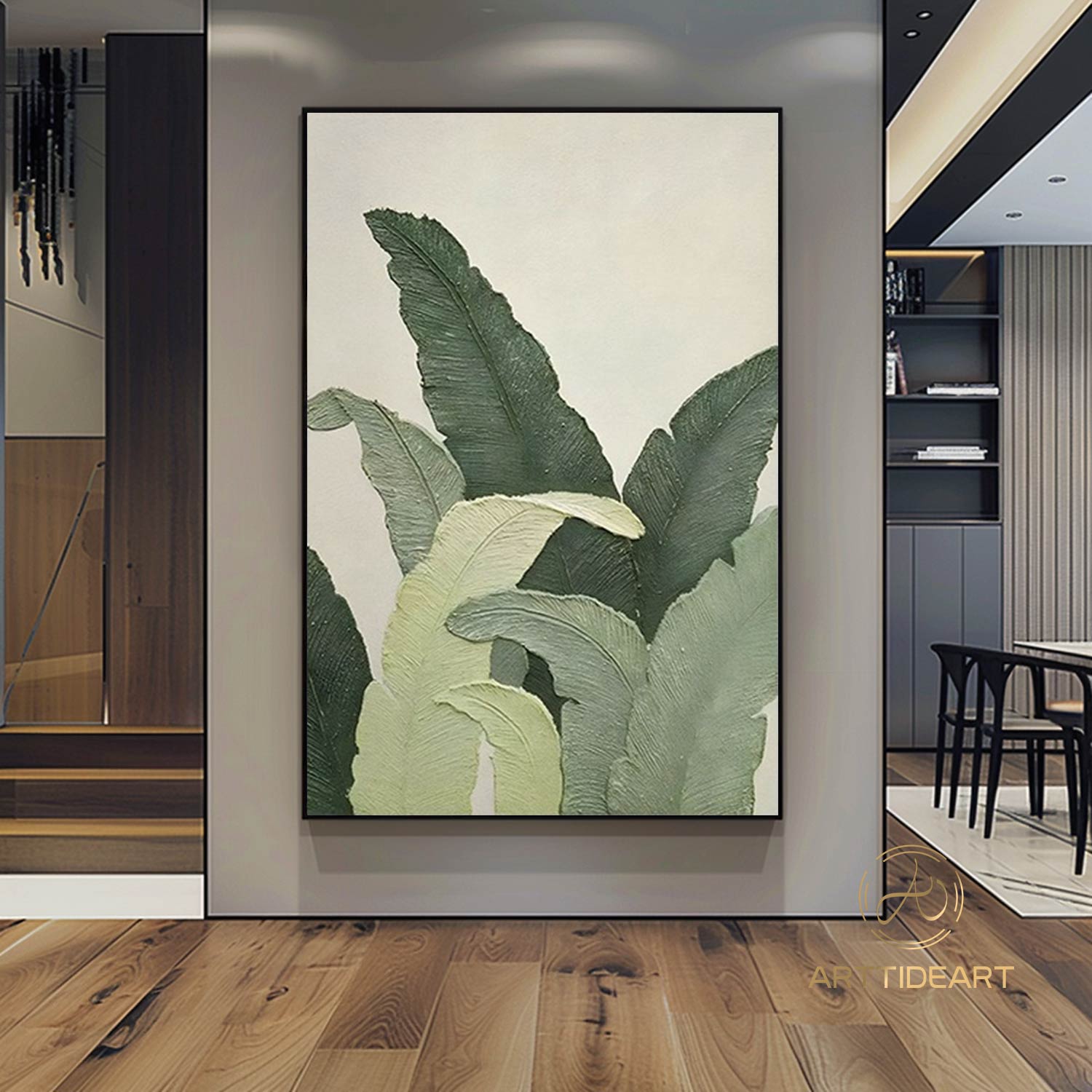 Large green leaves wall art, floater frame botanical artwork, banana leaf canvas print, Original Abstract Banana Leaves Wall Art Painting, living room artwork