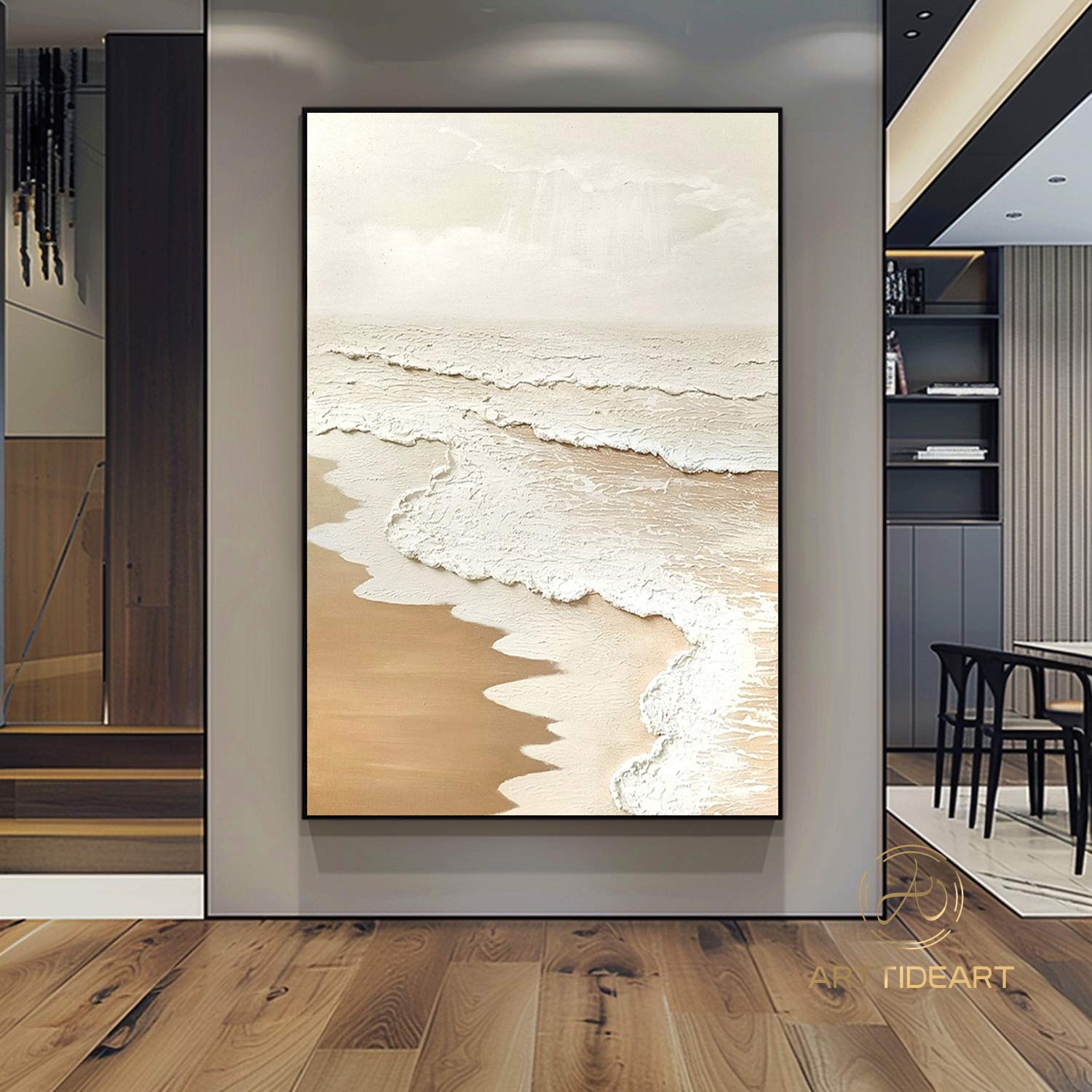 Beach Ocean Waves Abstract Painting Wabi Sabi Wall Art 3D Beige Minimalist Painting Ocean Wave Painting on Canvas Textured Wall Art