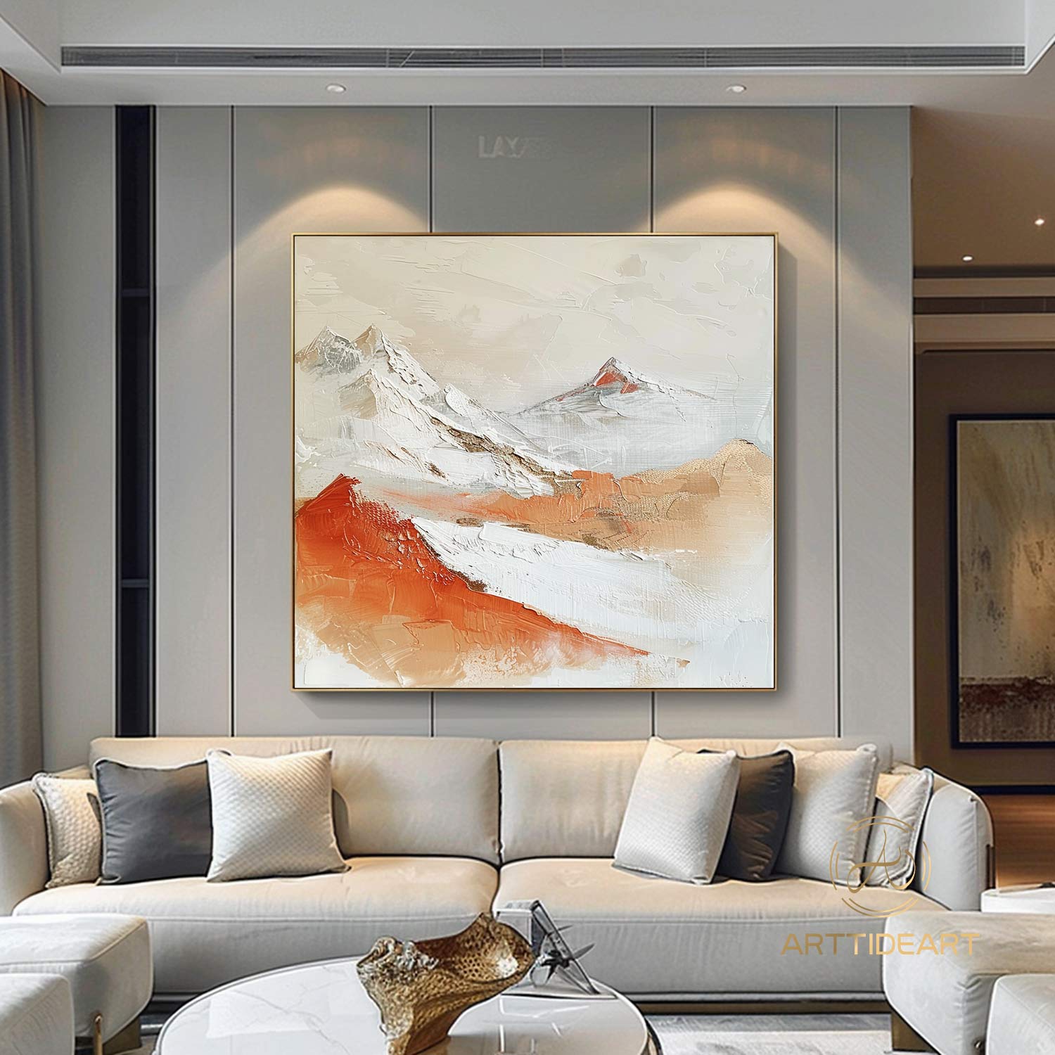 Original 3D Beige Mountain Painting on Canvas Framed Plaster Style Textured Wall Art Orange Wabi-Sabi Living Room Decor Boho Modern Canvas