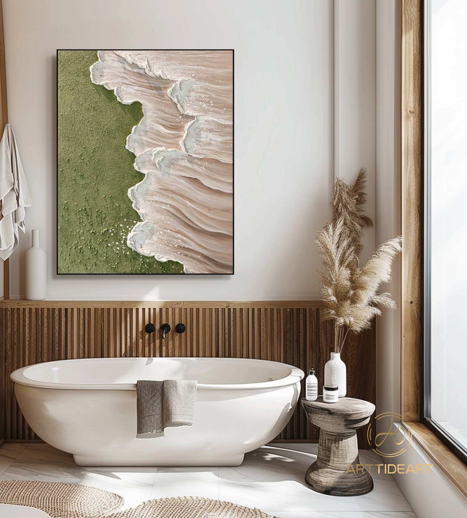 Modern Abstract Wave Paintings Textured Beige Canvas Art Green Beach Wall Art Ocean Wave Art Coastal Seascape Paintings Contemporary Art