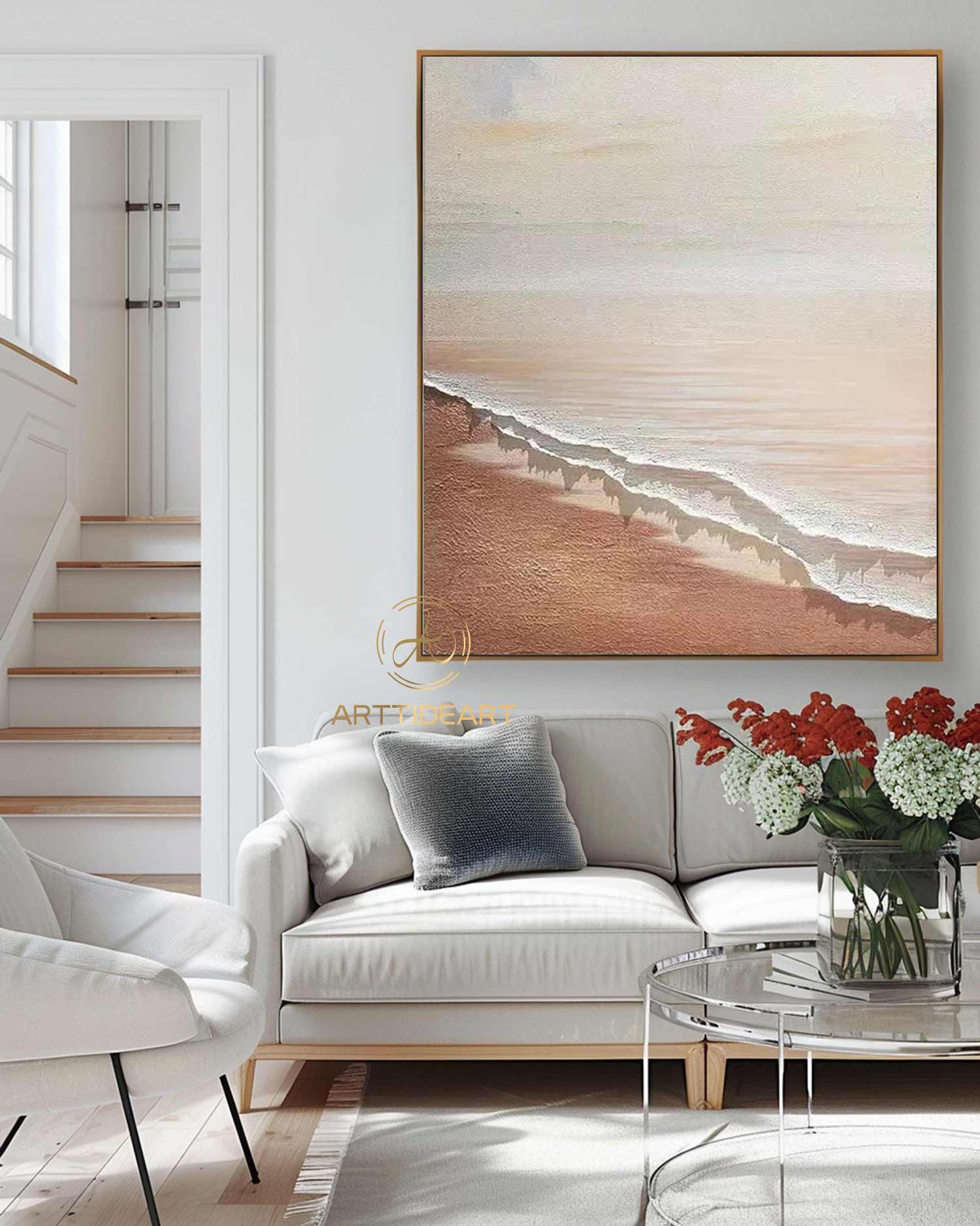 Large 3D Textured Coastal Wall Art Wave Acrylic Painting Framed Brown Beach Wall Art Abstract Sea Wall Art Ocean Canvas Painting Wall Decor
