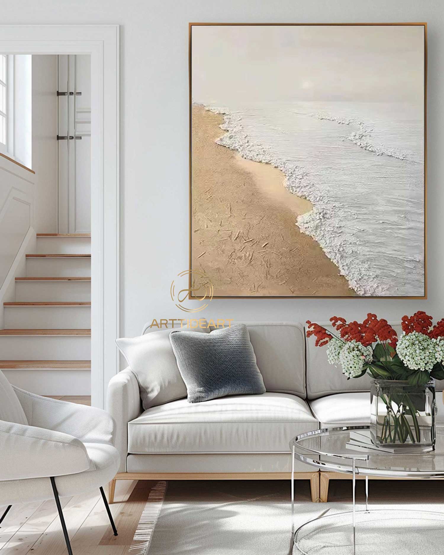 Sandy Beach Ocean Oil Painting On Canvas Blue Sky White Clouds Abstract Seascape Coastal Wall Art Acrylic Painting Large Wall Art Home Decor