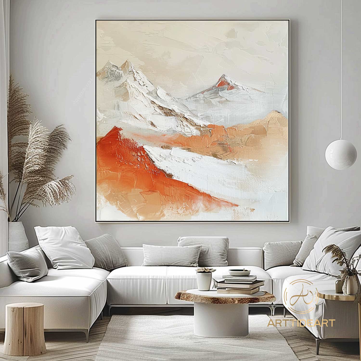 Original 3D Beige Mountain Painting on Canvas Framed Plaster Style Textured Wall Art Orange Wabi-Sabi Living Room Decor Boho Modern Canvas