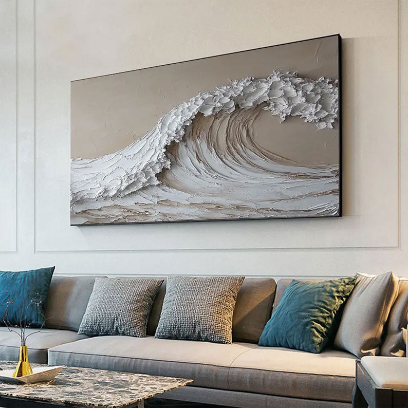 Abstract White and Beige Ocean Wave Painting, Large Canvas Wall Art, White Beige 3D Textured Wall Art, Minimalist Wall Art, Modern Wall Art