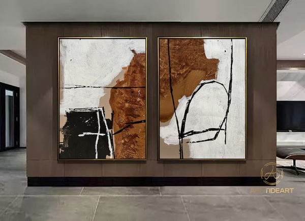 Set of 2 brown Abstract Painting beige Minimalist Painting Set of 2 white Wall Art Set black line Abstract Painting black and white Painting