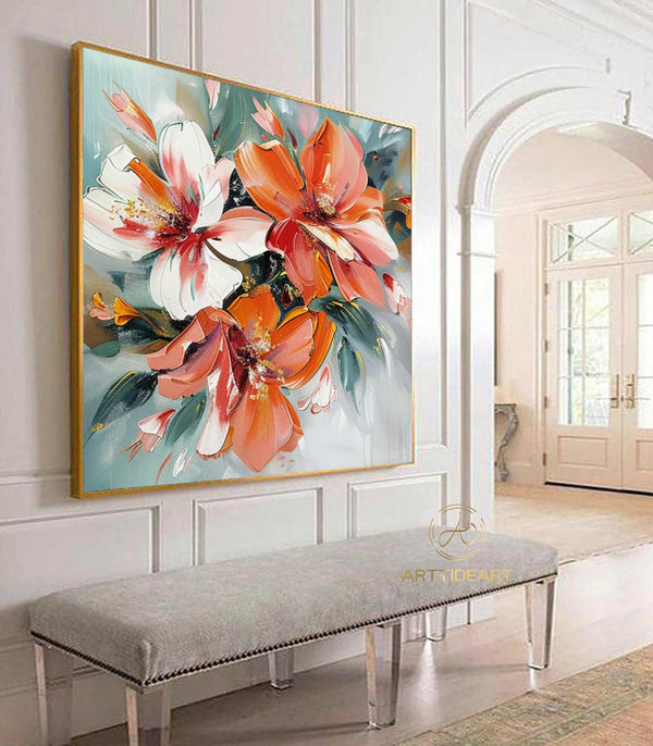 Abstract Orange Flower Oil Painting On Canvas Colorful Flower Textured Art Flower Minimalist Art Modern Living Room Decor Wall Art