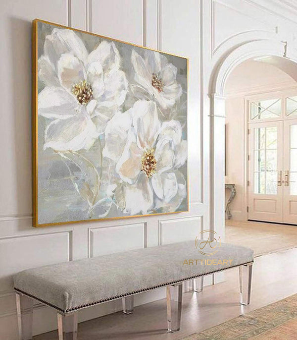 Large Abstract Flower Oil Painting on Canvas Wall Art,Original Textured Floral Wall Art White Painting Modern Wall Decor Living Room Art