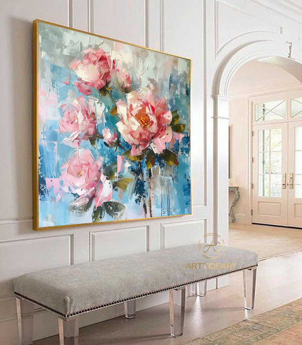 Original Roses Oil Painting On Canvas, Abstract Pink Flowers Painting, Large Wall Art, Custom Painting, Living room Wall Decor, Home Decor