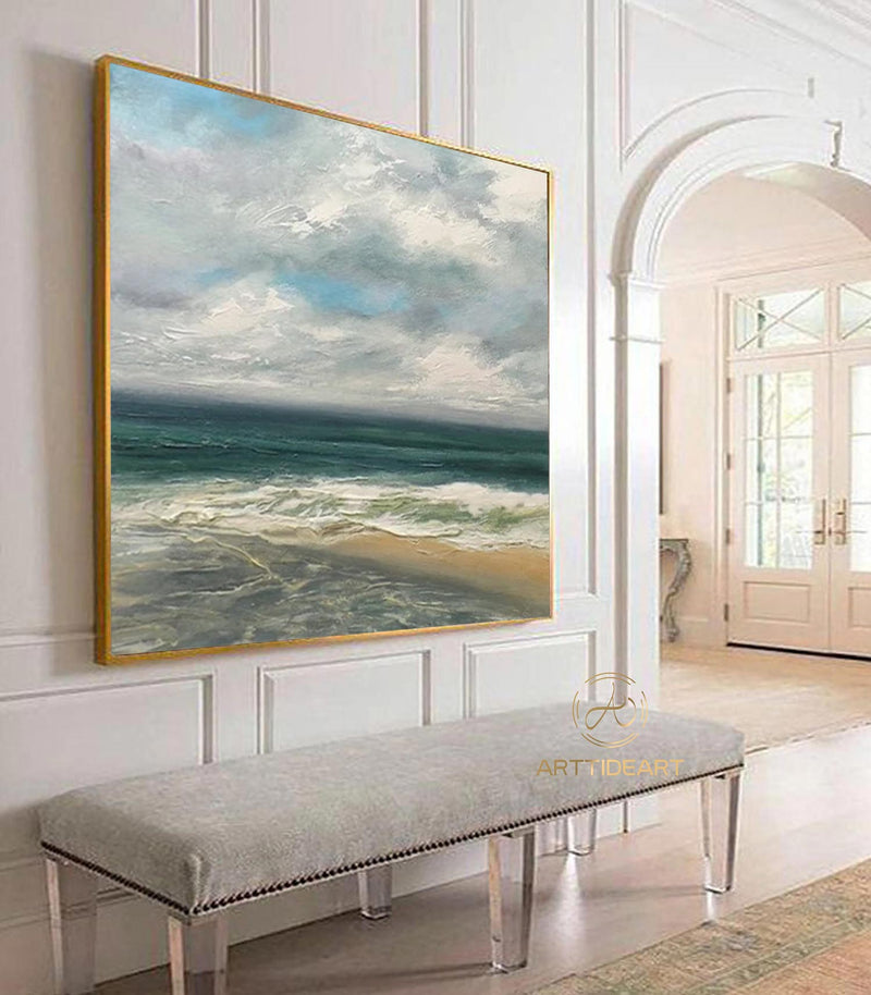 Blue Big Sea Wave Seascape Painting on Canvas Large Original Ocean Wall Art Beach Landscape Acrylic Painting Living Room Wall Art Home Decor