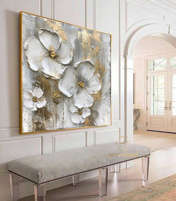 Large Flower Oil Painting on Canvas, Original Abstract Floral Painting, Minimalist Wall Art, Custom Painting, Modern Living Room Decor Gift