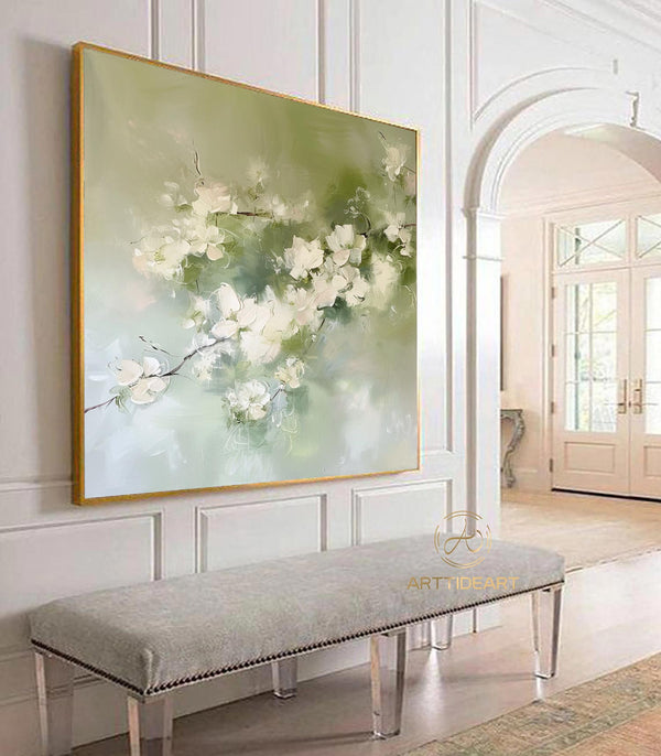 Original Garden Painting on Canvas 3DTexture Painting Green Wall Art Colorful Flower Painting Living Room Wall Art Teal Luxurious Floral Art