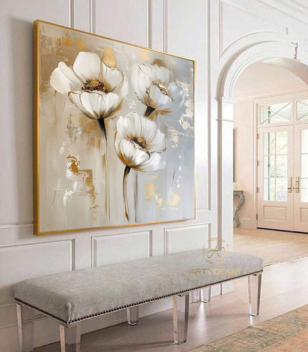 Large Original Flower Oil Painting On Canvas, Gold Wall Decor, Abstract Texture Floral Painting,Custom Painting, Modern Living Room Decor