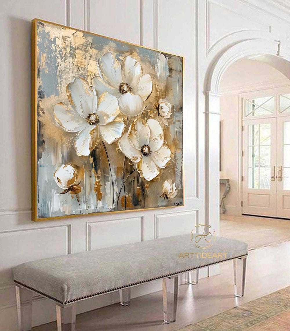 Large Original Gold Flower Oil Painting On Canvas, Canvas Wall Art ...