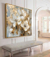 Large Original Gold Flower Oil Painting On Canvas, Canvas Wall Art, Abstract White Floral Painting,Custom Painting, Modern Living Room Decor