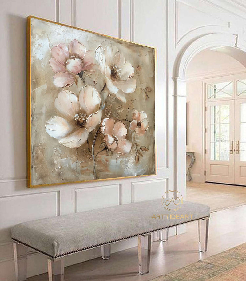 Original Flower Painting on Canvas Textured Wall Art Neutral Tone Custom Wall Art Floral Painting Modern Art Fancy Living Room Wall Art