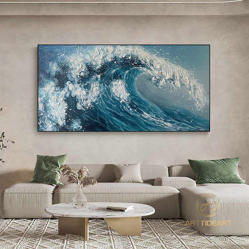 Blue Big Sea Wave Seascape Painting on Canvas Large Original Ocean Wall Art Beach Landscape Acrylic Painting Living Room Wall Art Home Decor