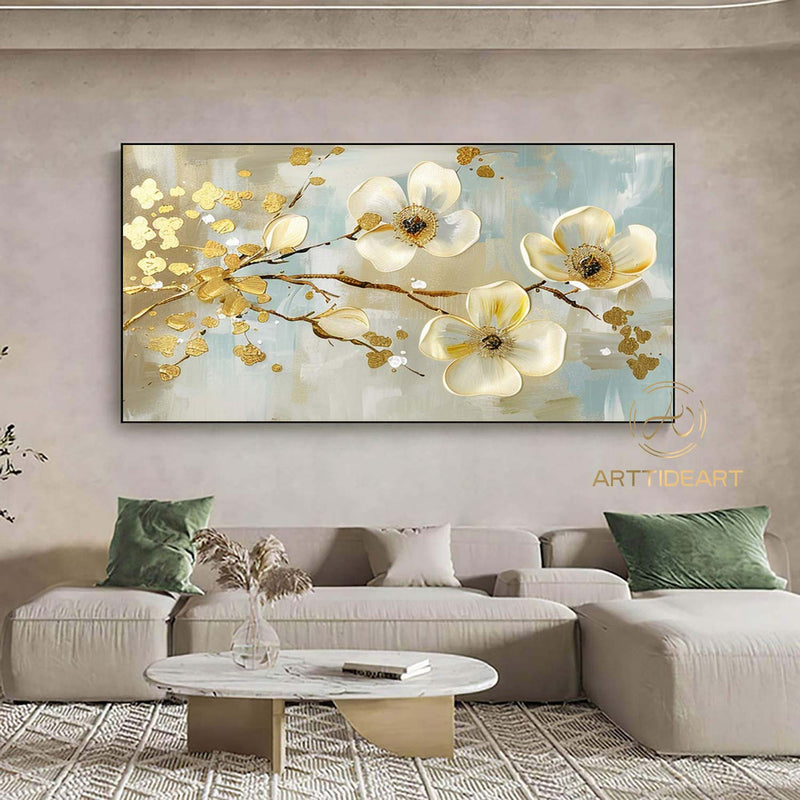 Large Original Flower Oil Painting On Canvas, White Texture Wall Decor, Abstract Floral Painting, Custom Painting, Modern Living Room Decor