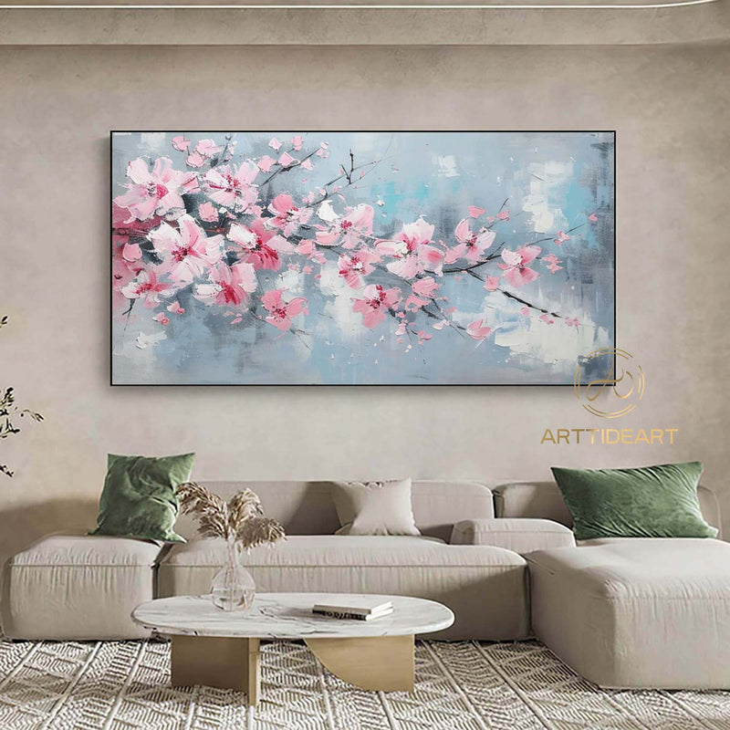 Abstract Cherry Flower Oil Painting on Canvas, Large Wall Art, Original Blossom Floral Art Pink Painting Custom Painting Living Room Decor