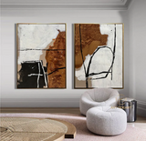 Set of 2 brown Abstract Painting beige Minimalist Painting Set of 2 white Wall Art Set black line Abstract Painting black and white Painting