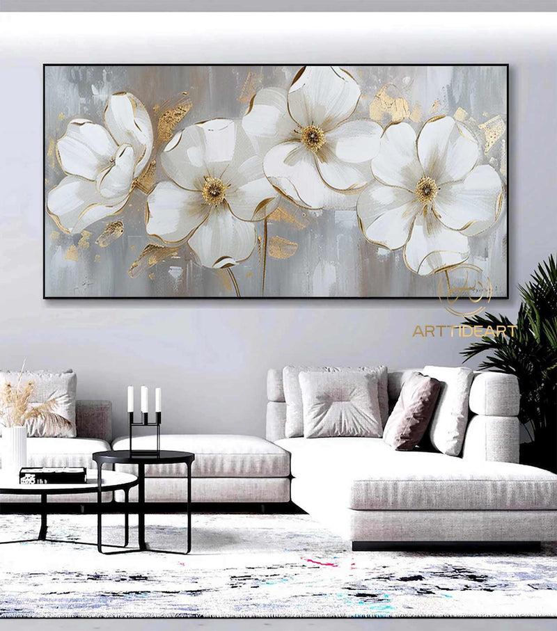 Abstract Blossom Floral Painting on Canvas,Large Original Textured Flower Painting White Flower Acrylic Painting Living Room Wall Art Decor