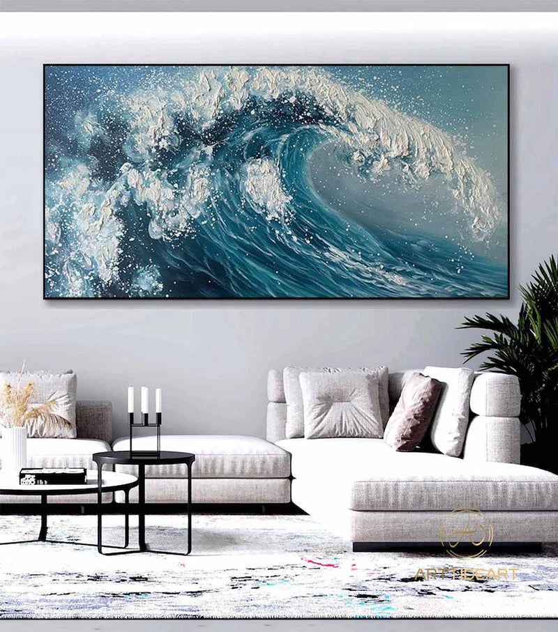 Blue Big Sea Wave Seascape Painting on Canvas Large Original Ocean Wall Art Beach Landscape Acrylic Painting Living Room Wall Art Home Decor