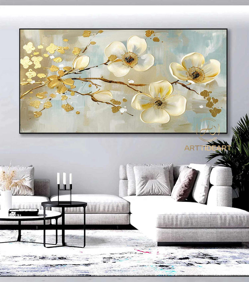 Large Original Flower Oil Painting On Canvas, White Texture Wall Decor, Abstract Floral Painting, Custom Painting, Modern Living Room Decor