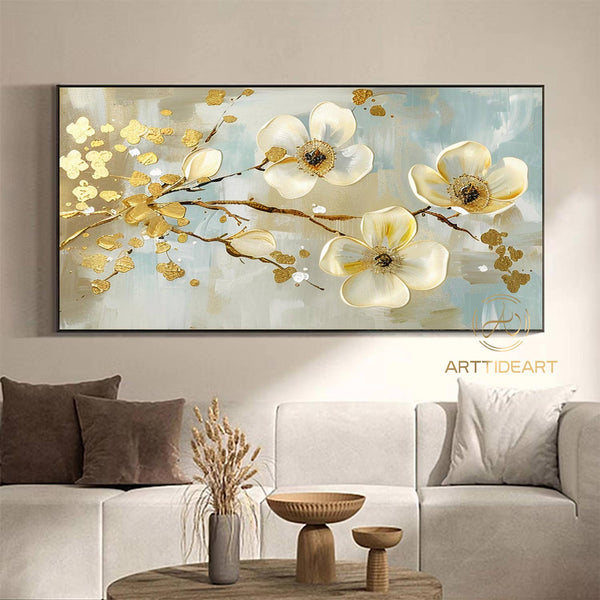 Large Original Flower Oil Painting On Canvas, White Texture Wall Decor, Abstract Floral Painting, Custom Painting, Modern Living Room Decor