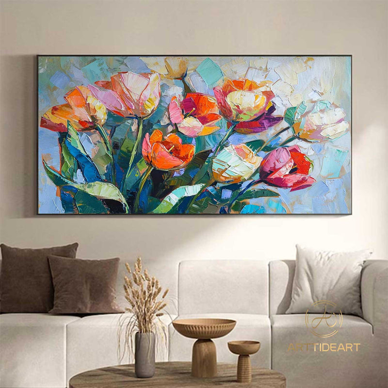 Original Flower Oil Painting on Canvas, Extra Large Wall Art Abstract Floral Art Custom Painting Minimalist Living Room Decor Gift Tulip art