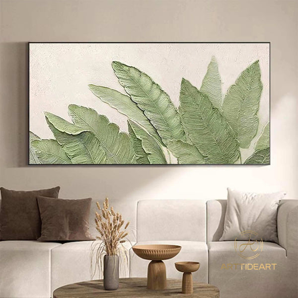 Green Leaf Textured Canvas Art Green Wall Art Framed Minimalist Leaf Landscape Painting 3D Texture Painting Boho Living Room Wall Art Decor