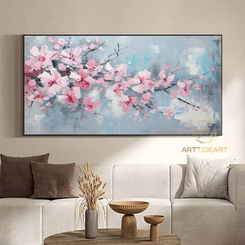 Abstract Cherry Flower Oil Painting on Canvas, Large Wall Art, Original Blossom Floral Art Pink Painting Custom Painting Living Room Decor