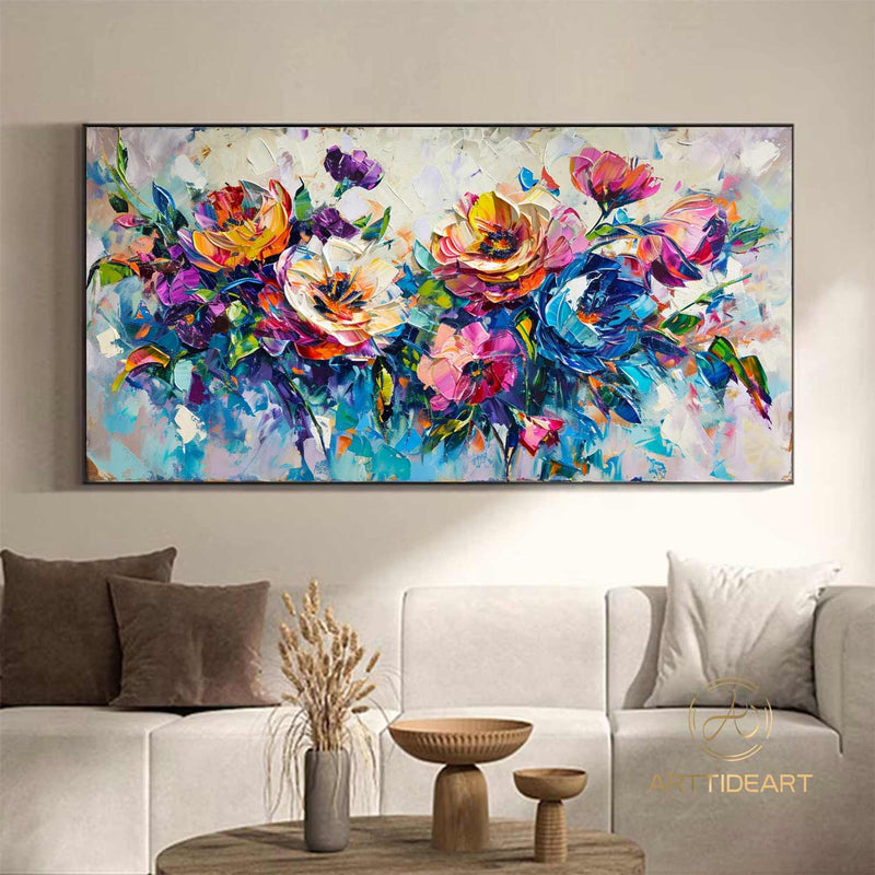 Large Original Colorful flower Canvas Oil Painting,Heavy Textured Palette Knife Wall Decor Impasto Acrylic Floral Painting Living Room Decor