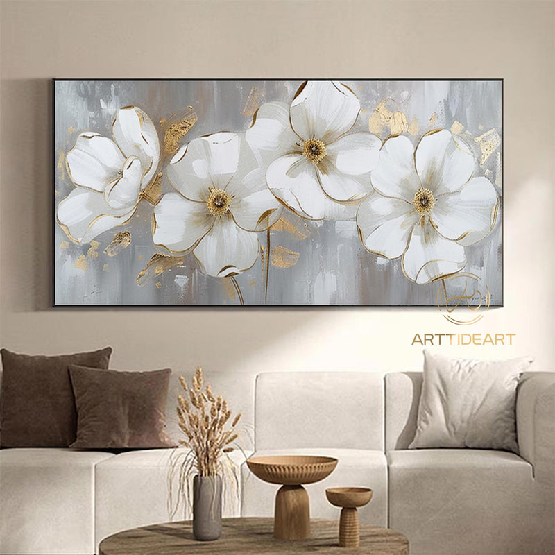 Abstract Blossom Floral Painting on Canvas,Large Original Textured Flower Painting White Flower Acrylic Painting Living Room Wall Art Decor