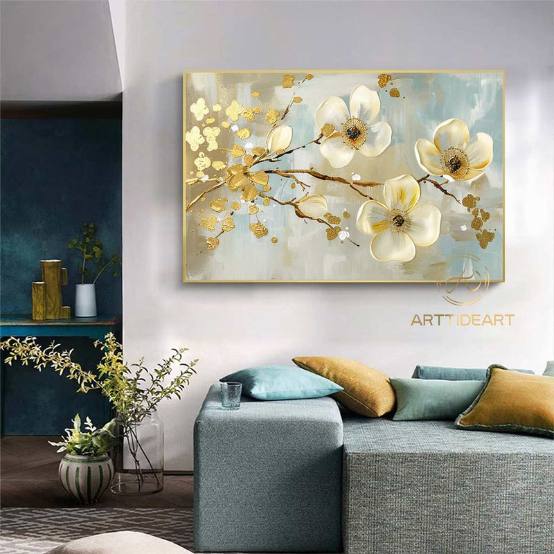 Large Original Flower Oil Painting On Canvas, White Texture Wall Decor, Abstract Floral Painting, Custom Painting, Modern Living Room Decor