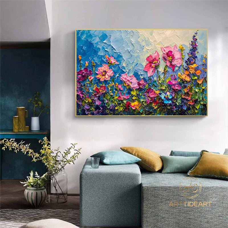 Original Colorful Flower Oil Painting On Canvas, Abstract Blossom Painting, Blooming Floral Painting, Large Wall Art, Living Room Wall Decor