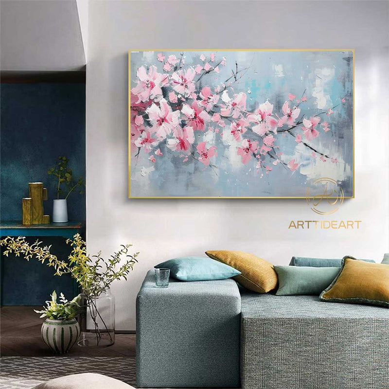 Abstract Cherry Flower Oil Painting on Canvas, Large Wall Art, Original Blossom Floral Art Pink Painting Custom Painting Living Room Decor