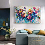 Large Original Colorful flower Canvas Oil Painting,Heavy Textured Palette Knife Wall Decor Impasto Acrylic Floral Painting Living Room Decor