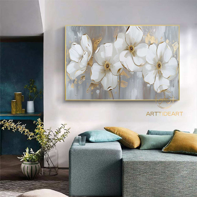 Abstract Blossom Floral Painting on Canvas,Large Original Textured Flower Painting White Flower Acrylic Painting Living Room Wall Art Decor