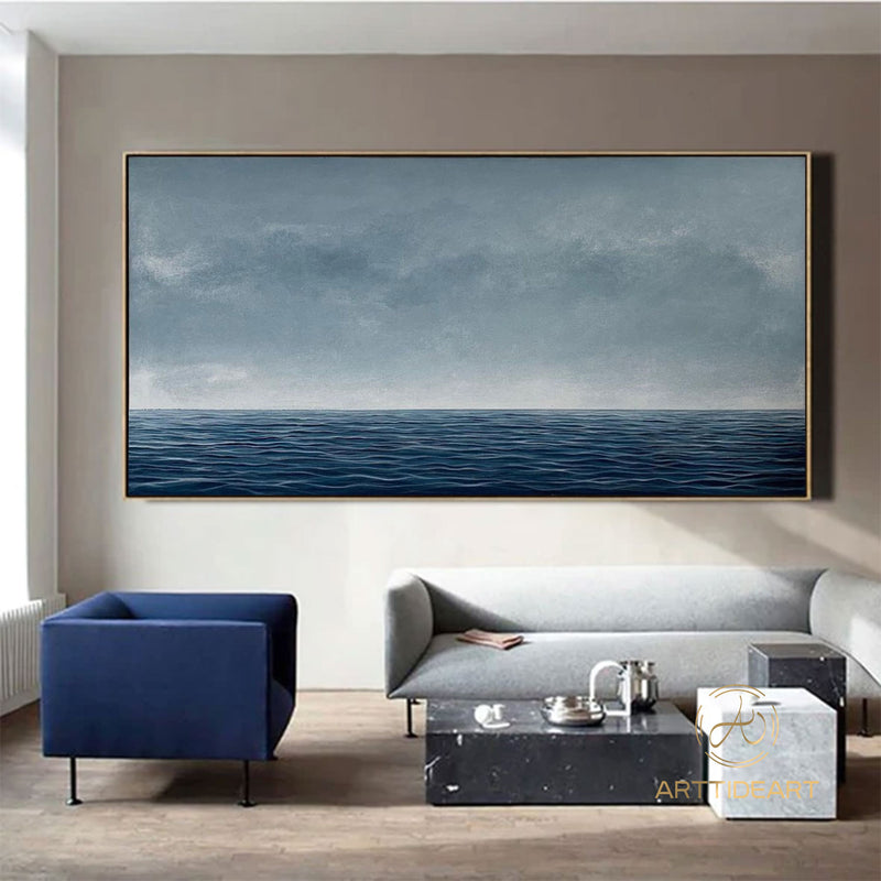 Blue Ocean Wave Landscape Oil Painting on Canvas, Large Abstract Custom Original Sea Beach Acrylic Painting Living Room Wall Art Home Decor