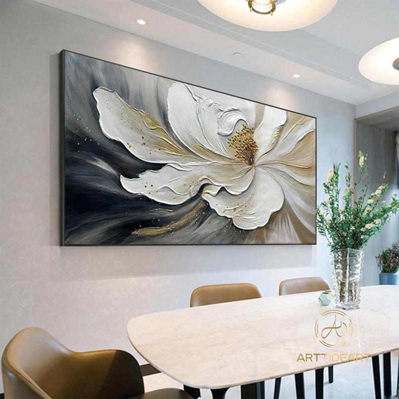 Large Abstract White Flower Oil Painting On Canvas,3D Flower Painting,Abstract Textured Floral，Palette Knife Modern Living Room Home Decor