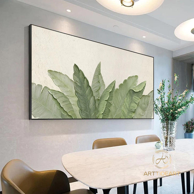 Green Leaf Textured Canvas Art Green Wall Art Framed Minimalist Leaf Landscape Painting 3D Texture Painting Boho Living Room Wall Art Decor