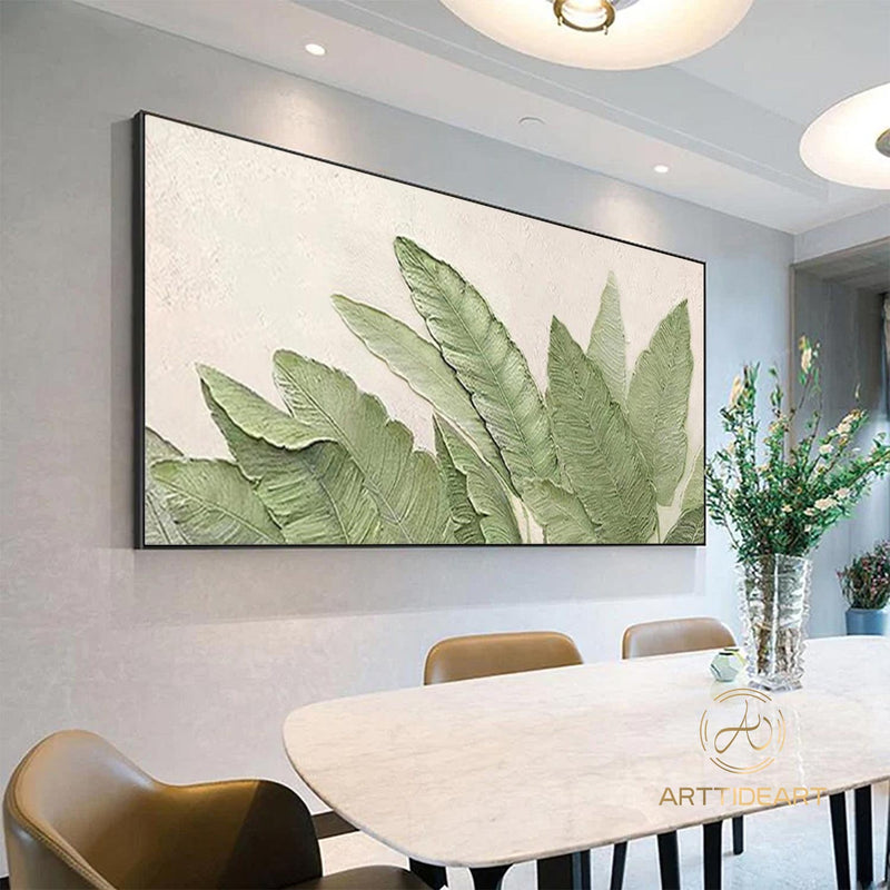 Green Leaf Textured Canvas Art Green Wall Art Framed Minimalist Leaf Landscape Painting 3D Texture Painting Boho Living Room Wall Art Decor