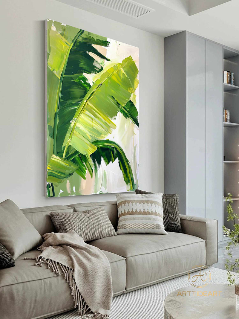 Modern Banana Leaf Canvas Oil Painting, 100% hand-painted custom artwork, landscape botanical paintings, living room wall decor fashionable