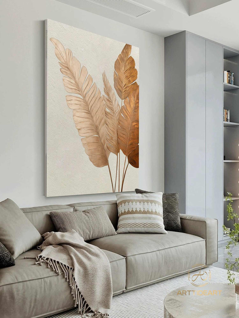 Original Palm Tree Leaf Painting Botanical Textured Art Brown Banana Leaves Gold Leaf Painting Acrylic Painting on Canvas Framed Wall Art