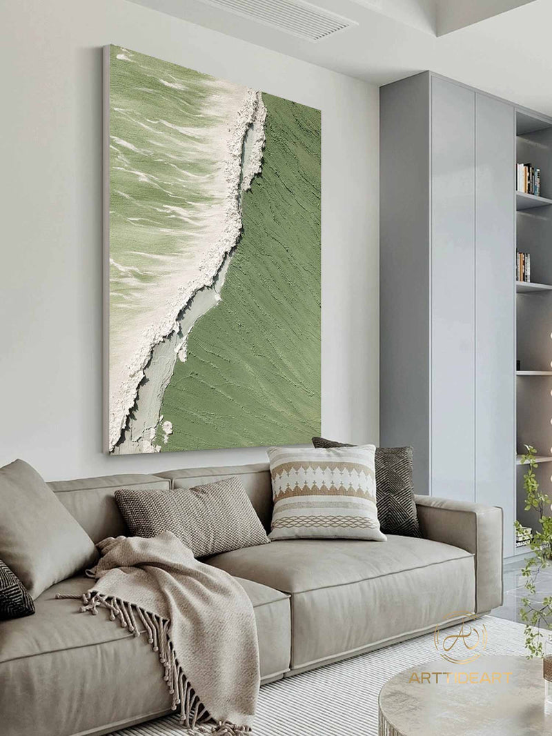 Green 3D Textured Sea Art White Waves Wabi-Sabi Minimalist Canvas Texture Art Beach Painting Mural Ocean Wave Canvas Wabi-Sabi Wall Art