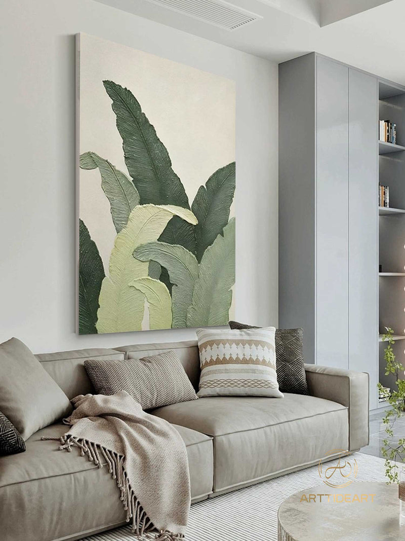 Large green leaves wall art, floater frame botanical artwork, banana leaf canvas print, Original Abstract Banana Leaves Wall Art Painting, living room artwork